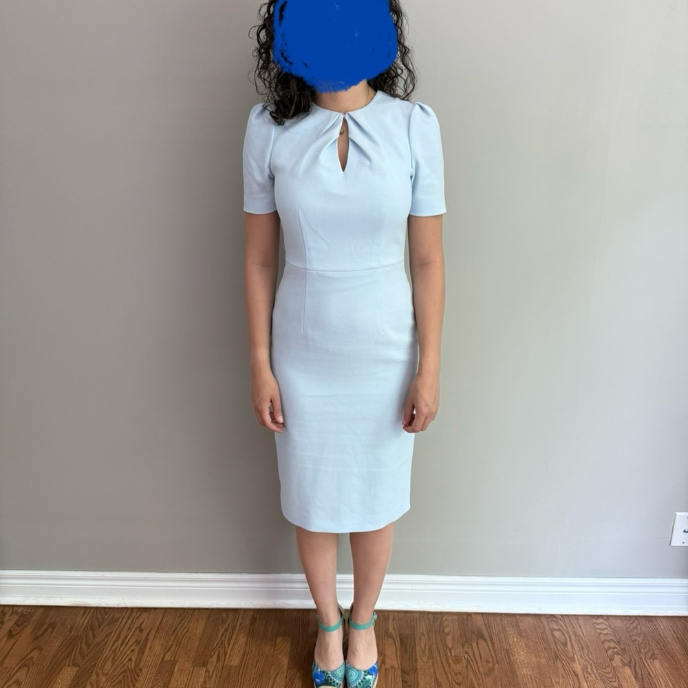 Blue Puff Sleeve Sheath Midi Dress for Wedding Guests
